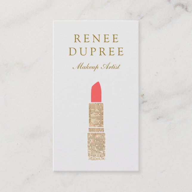 Trendy Gold Sequin Lipstick Logo  Makeup Artist Business Card (Front)