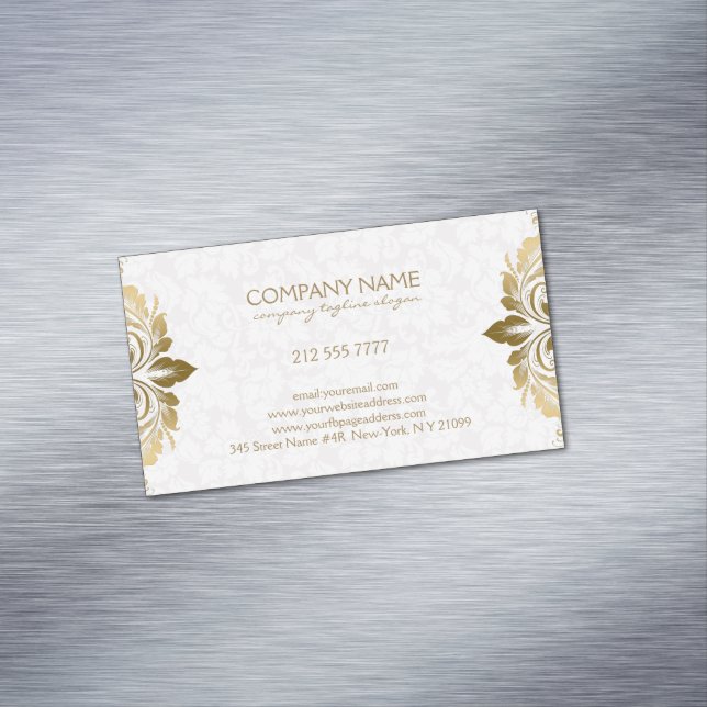Trendy Gold Swirly Lace On Plush White Damasks Magnetic Business Card (In Situ)