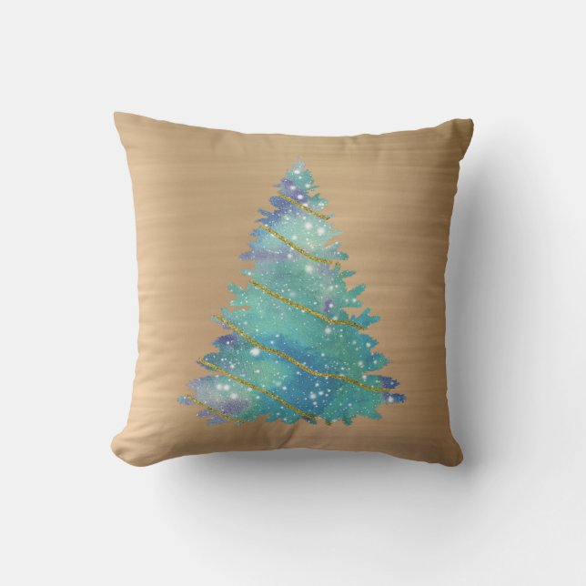 Trendy Gold Teal Glitter Tree Christmas Cushion (Front)