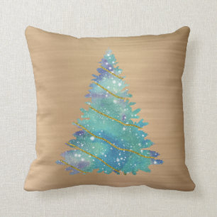 Trendy Gold Teal Glitter Tree Christmas Cushion