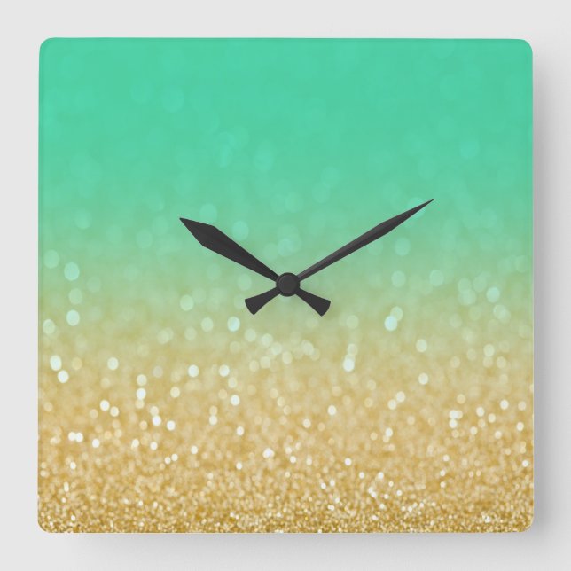 Trendy Gold Teal Ombre Glitter Wall Clock (Front)