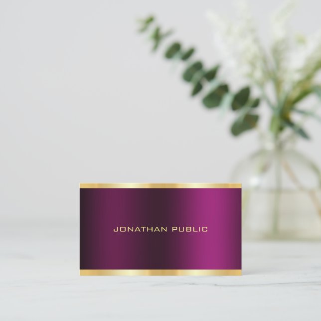 Trendy Gold Text Elegant Purple Template Modern Business Card (Standing Front)