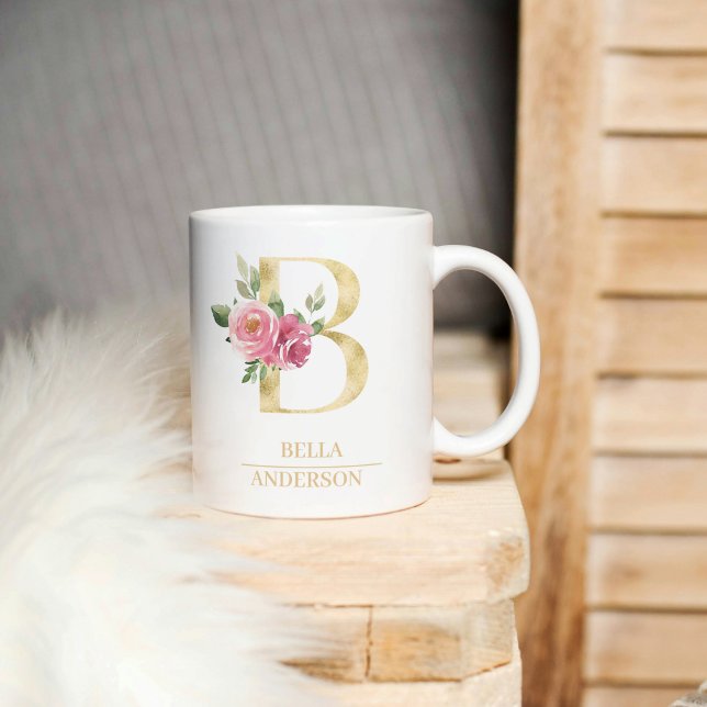Trendy Gold Watercolor Flower Letter B | Monogram  Coffee Mug (Creator Uploaded)