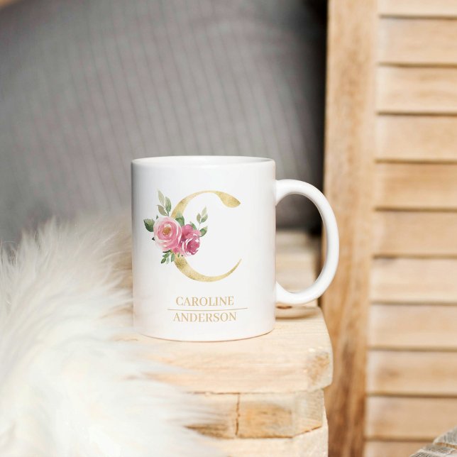 Trendy Gold Watercolor Flower Letter C | Monogram  Coffee Mug (Creator Uploaded)