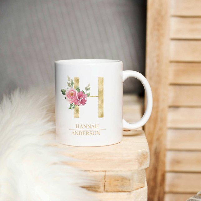 Trendy Gold Watercolor Flower Letter H | Monogram  Coffee Mug (Creator Uploaded)