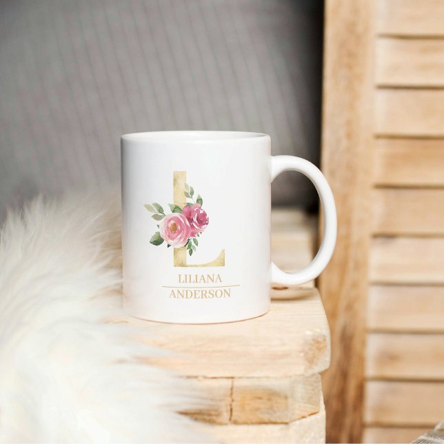 Trendy Gold Watercolor Flower Letter L | Monogram  Coffee Mug (Creator Uploaded)