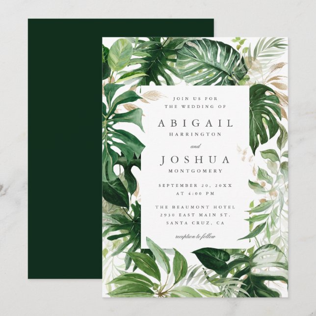 Trendy Gold & Watercolor Tropical Greenery Wedding Invitation (Front/Back)
