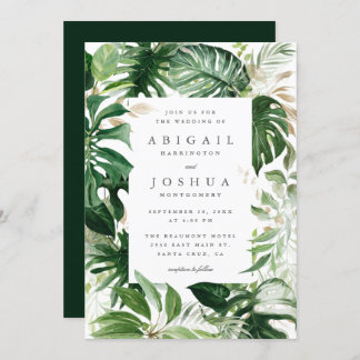Trendy Gold & Watercolor Tropical Greenery Wedding Invitation
