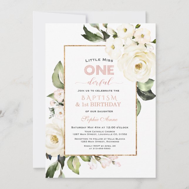 Trendy Gold White Floral Baptism First Birthday Invitation (Front)