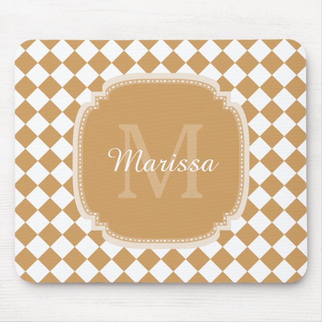 Trendy Golden Yellow Checked Monogrammed Name Mouse Mat (Front)