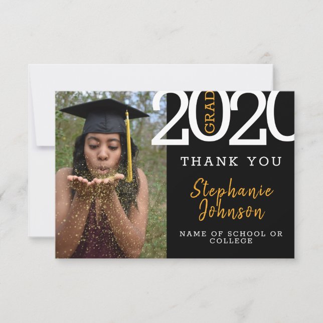 Trendy Grad Black Gold Photo Name Year Graduation Thank You Card (Front)