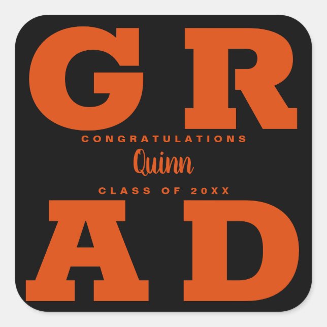 Trendy Grad Orange on Black Graduation Square Sticker (Front)