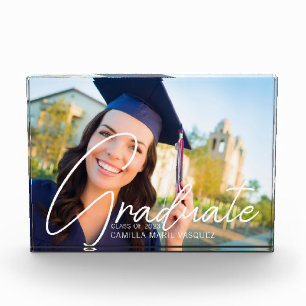 Trendy Graduate White Script Overlay Graduation Photo Block