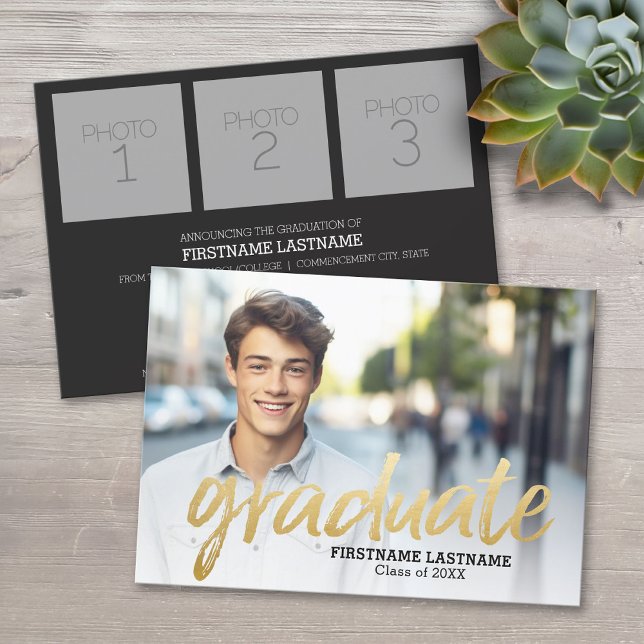 Trendy Graduation Announcement with 4 Photos gold (Custom Graduation Announcement)