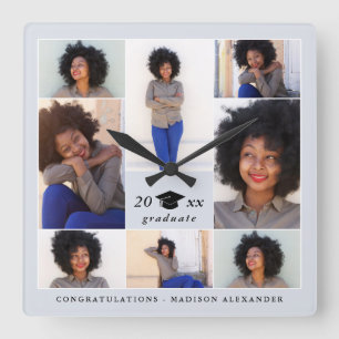 Trendy Graduation Cap Photo Collage Square Wall Clock