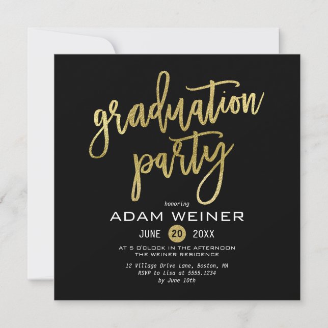 Trendy Graduation Party Invitation Faux Gold (Front)
