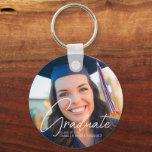 Trendy Graduation Photo 2 Sided Keepsake Key Ring<br><div class="desc">This trendy graduation keychain gift features sophisticated handwritten white script over a chic full photo of your graduate. Customize this grad present with your high school,  college,  or university photograph behind your senior details. Add a 2nd photograph on the back.</div>