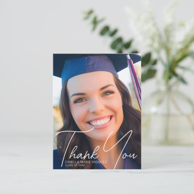 Trendy Graduation Photo Thank You Overlay Postcard (Standing Front)