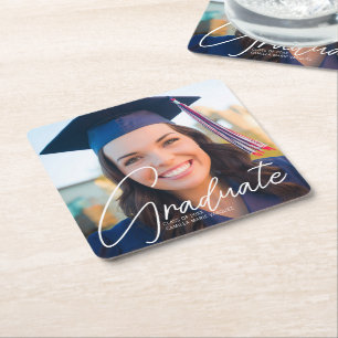 Trendy Graduation Photo White Script Party Square Paper Coaster