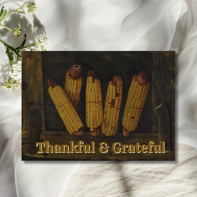 Trendy Grateful and Thankful Hanging Ears of Corn Holiday Card (Creator Uploaded)