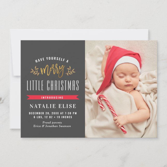 trendy gray baby holiday birth announcement (Front)