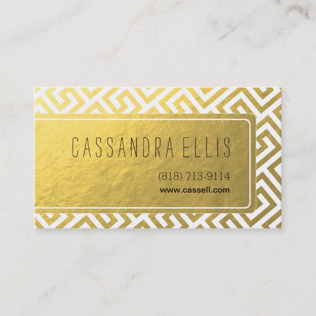 Trendy Greek Key Diagonal | gold foil white Business Card (Front)
