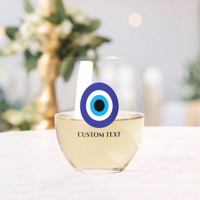 Trendy Greek Turkish wedding Evil Eye Blue Mati  Stemless Wine Glass (Insitu (Wedding))