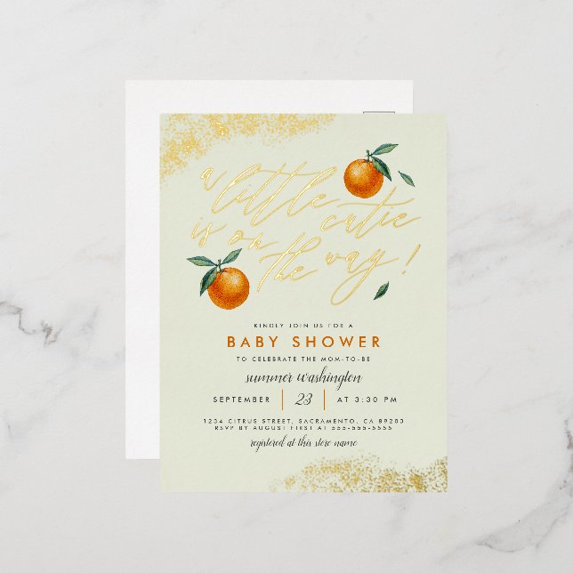 Trendy Green A Little Cutie Orange Baby Shower Foil Invitation Postcard (Front/Back)