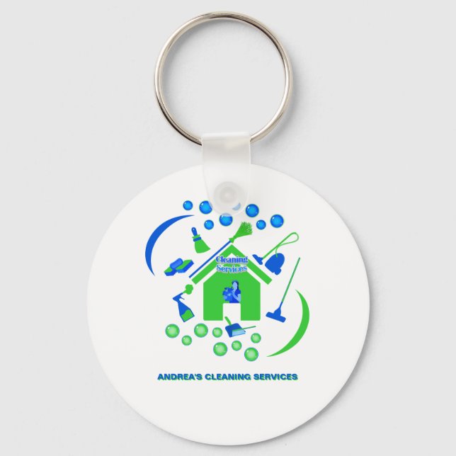 Trendy Green and Blue Cleaning Services Cute  Key Ring (Front)