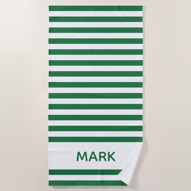 Trendy Green And White Striped Personalised Name   Beach Towel (Front)