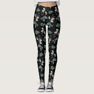 Trendy Green Black Botanical Leaves Leggings
