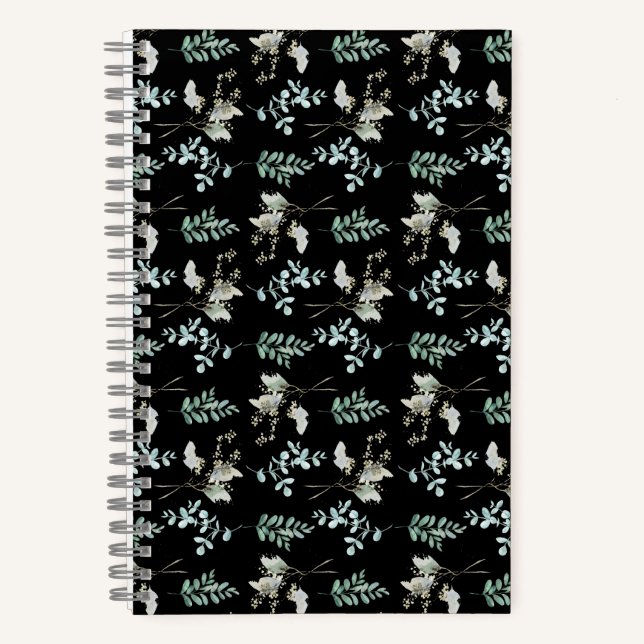 Trendy Green Black Botanical Leaves Notebook (Front)
