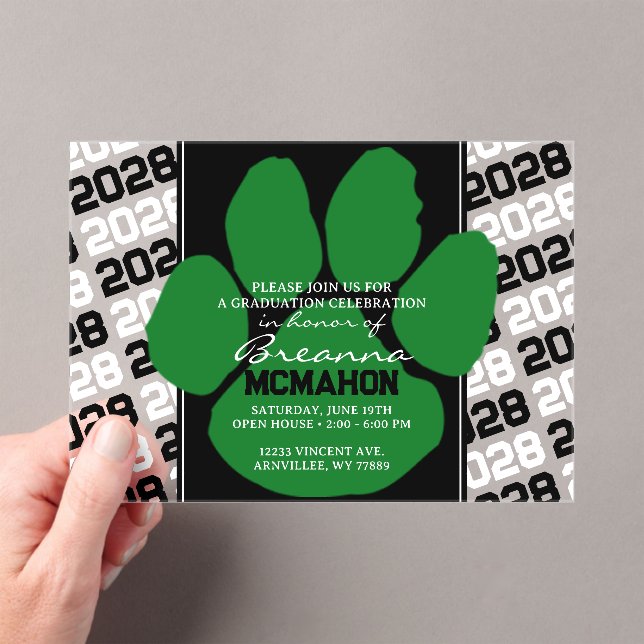 Trendy Green & Black Graduation Pawprint Clear Acrylic Invitations (Insitu (Handheld))
