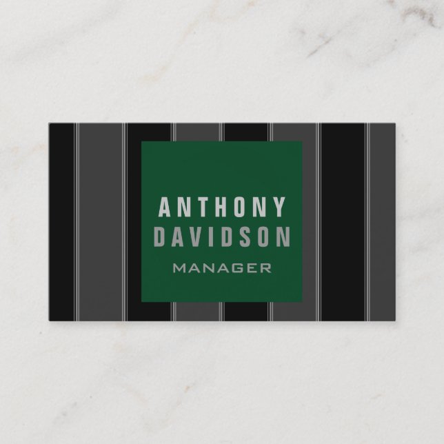 Trendy Green Black Grey Striped Business Card (Front)