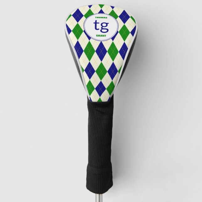 Trendy Green Blue Argyle Pattern Modern Monogram Golf Head Cover (Front)