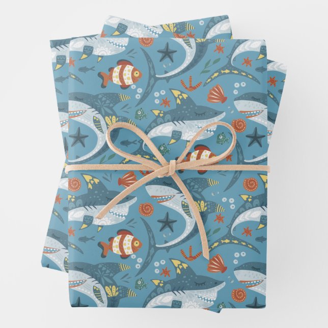 Trendy Green Blue Shark Party Guest Gift Wrapping Paper Sheet (In situ)