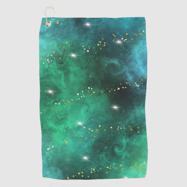 Trendy Green Blue Teal Gold Galaxy Pattern Golf Towel (Front)