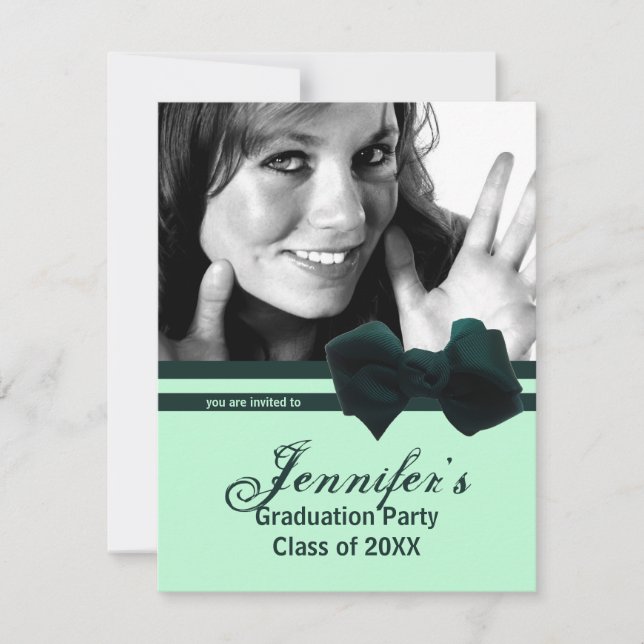 Trendy Green Bow Graduation Party Photo Invite 1 (Front)