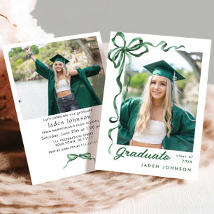 Trendy Green Bow Ribbon 2 PHOTO Graduation Party I Invitation