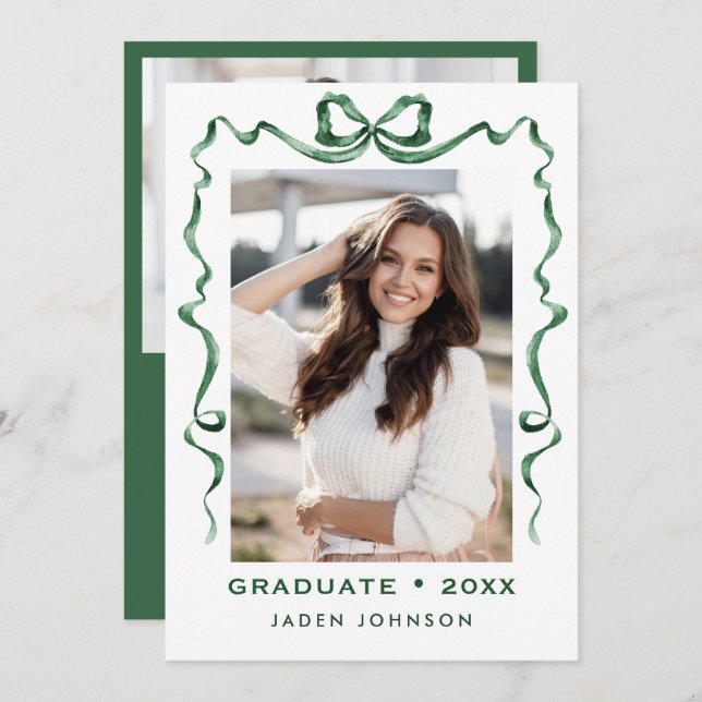 Trendy Green Bow Ribbon 2 PHOTO Graduation Party Invitation (Front/Back)