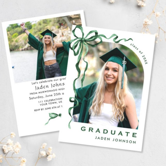 Trendy Green Bow Ribbon 2 PHOTO Graduation Party Invitation (Creator Uploaded)