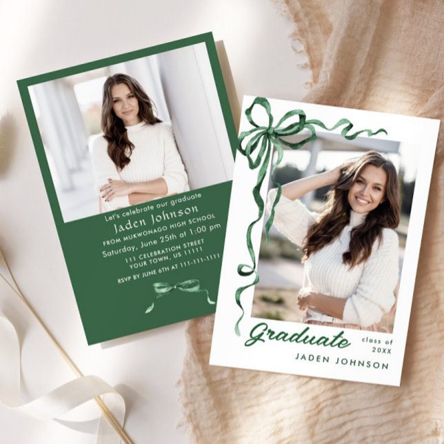 Trendy Green Bow Ribbon 2 PHOTO Graduation Party Invitation (Creator Uploaded)
