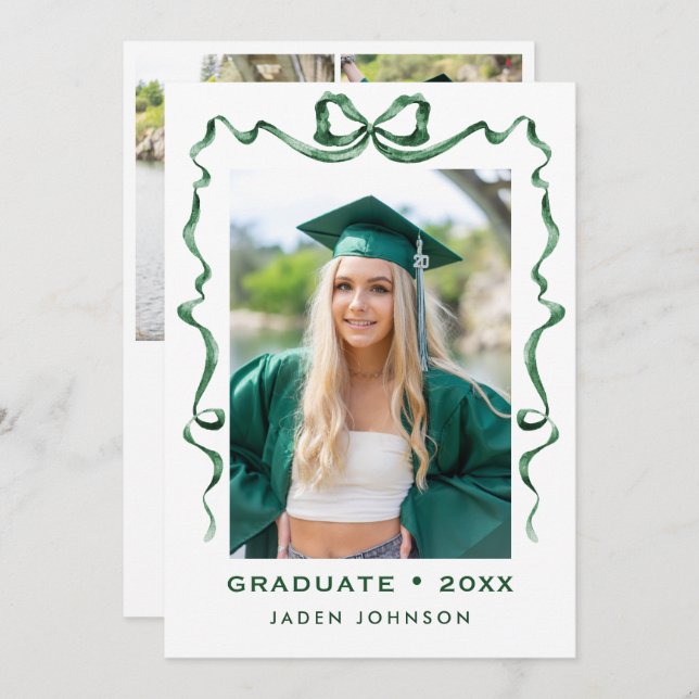 Trendy Green Bow Ribbon 4 PHOTO Graduation Party I Invitation (Front/Back)