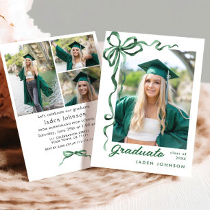 Trendy Green Bow Ribbon 4 PHOTO Graduation Party I Invitation