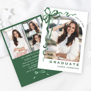Trendy Green Bow Ribbon 4 PHOTO Graduation Party Invitation