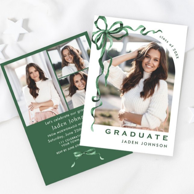 Trendy Green Bow Ribbon 4 PHOTO Graduation Party Invitation (Creator Uploaded)