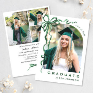 Trendy Green Bow Ribbon 4 PHOTO Graduation Party Invitation