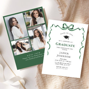 Trendy Green Bow Ribbon 4 PHOTO Graduation Party Invitation