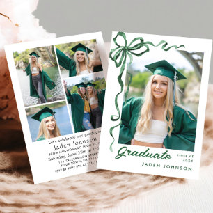 Trendy Green Bow Ribbon 5 PHOTO Graduation Party I Invitation