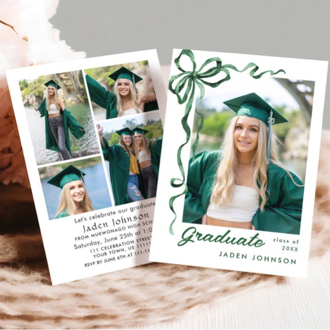 Trendy Green Bow Ribbon 5 PHOTO Graduation Party I Invitation (Creator Uploaded)
